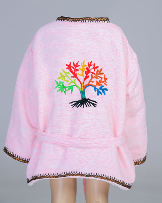 Short Collar Tree of Life Embroidery Handmade Cotten Night Robe