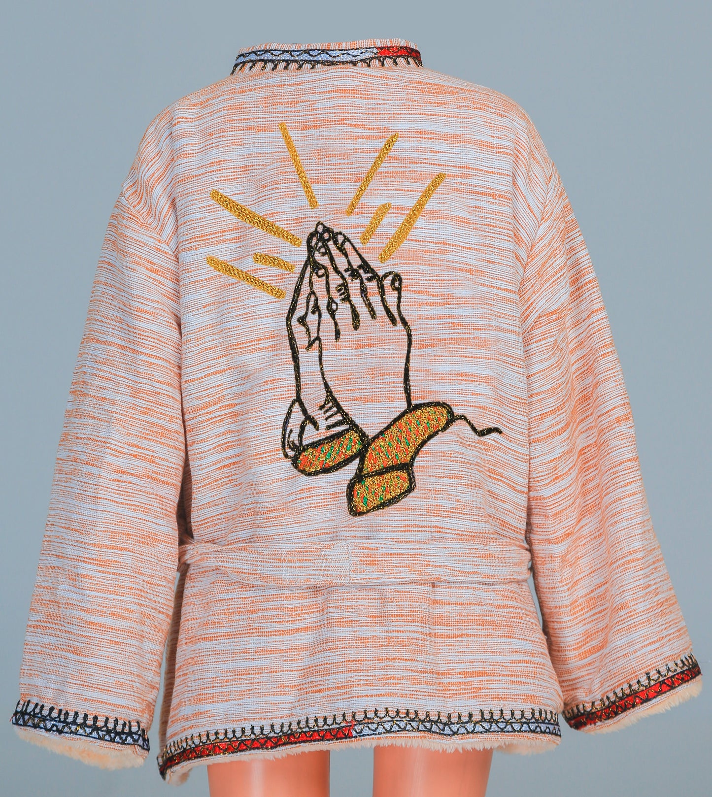 Short Collar Praying Hands Embroidery Handmade Cotten Night Robe