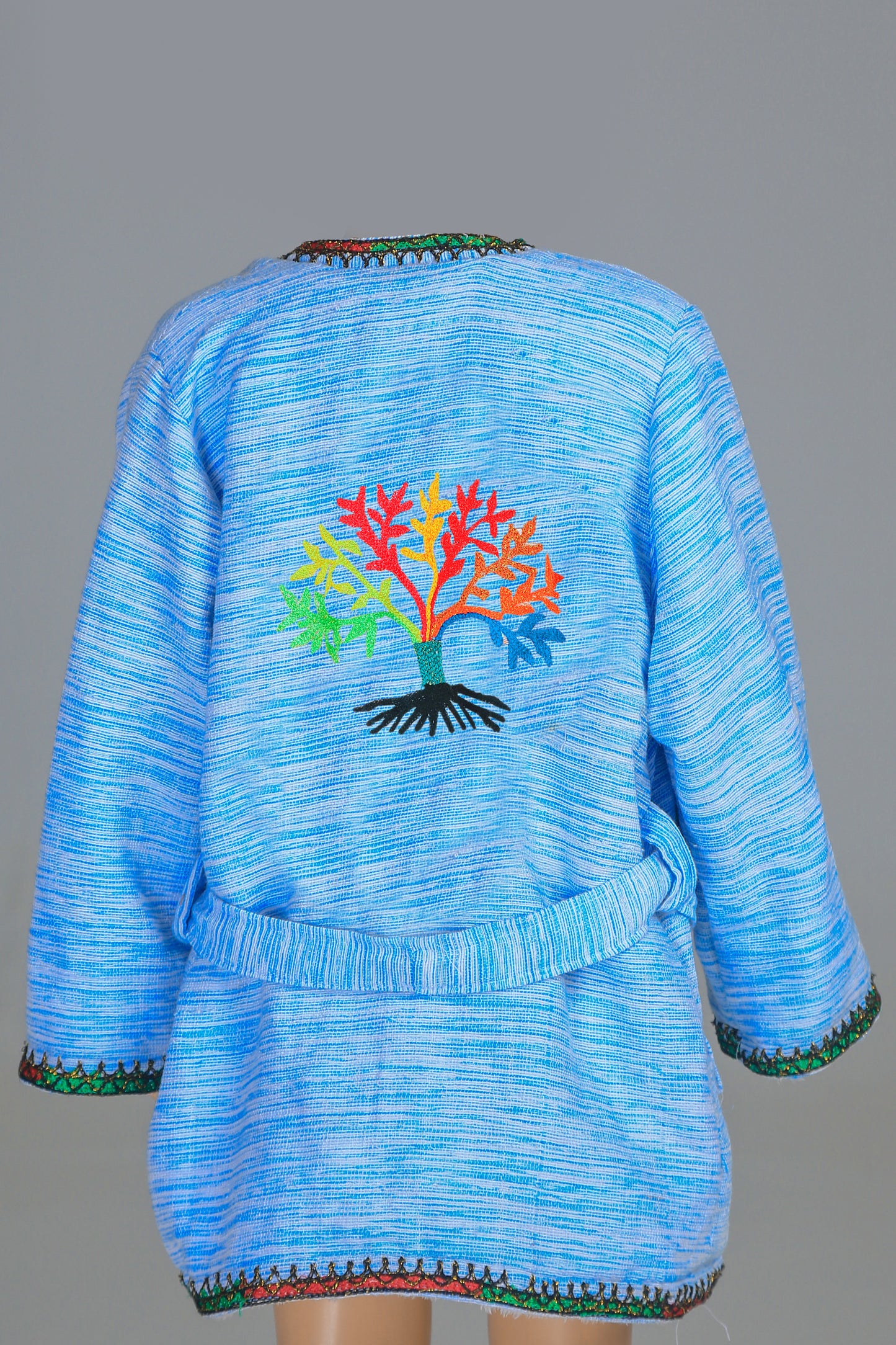 Short Collar Tree of Life Embroidery Handmade Cotten Night Robe