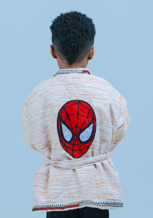 Short Collar Spider Man Embroidery Handmade Cotten Night Robe