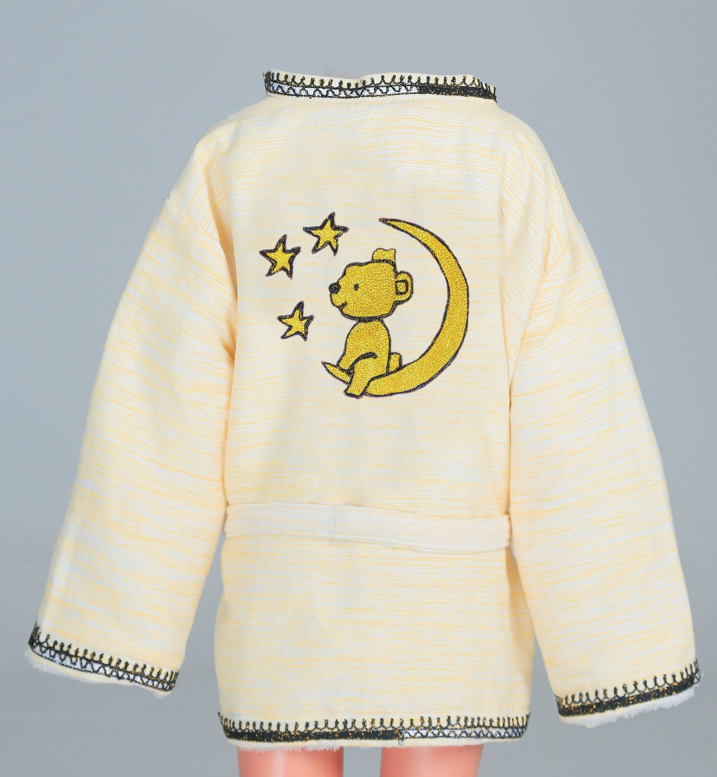 Short Collar Teddy Bear on a Moon Embroidery Handmade Cotten Night Robe