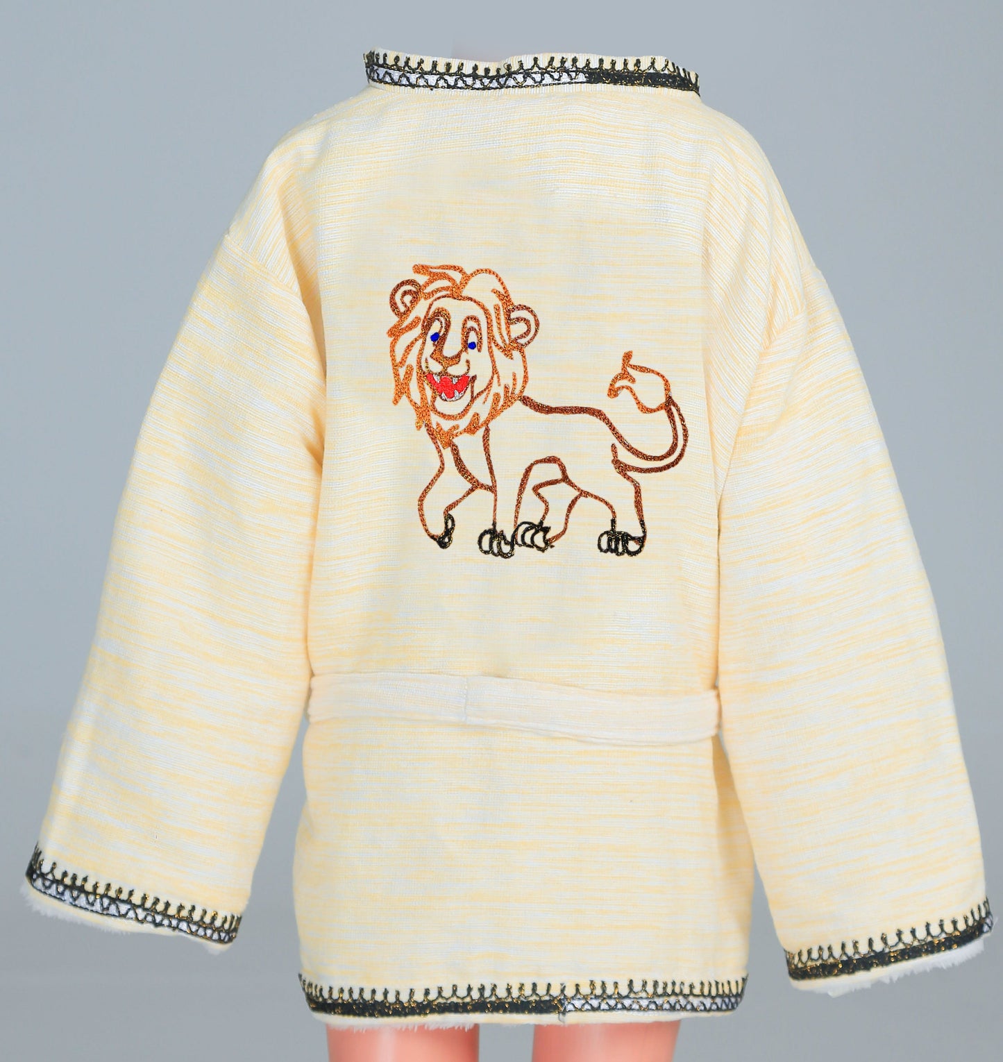 Short Collar Lion Embroidery Handmade Cotten Night Robe