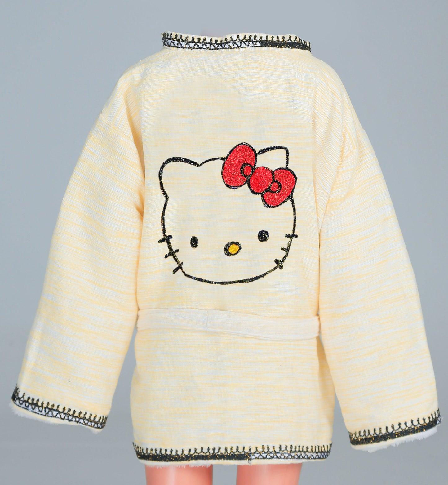 Short Collar Hello Kitty Embroidery Handmade Cotten Night Robe