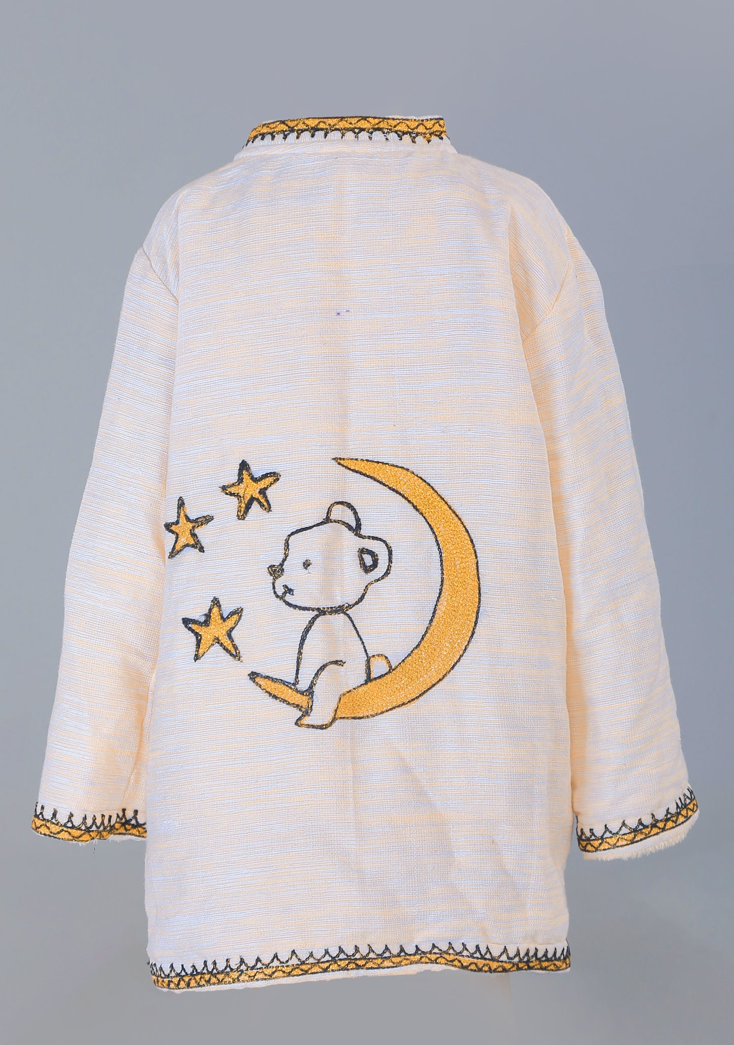 Short Collar Teddy Bear on a Moon Embroidery Handmade Cotten Night Robe