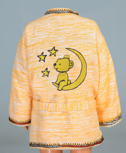 Short Collar Teddy Bear on a Moon Embroidery Handmade Cotten Night Robe
