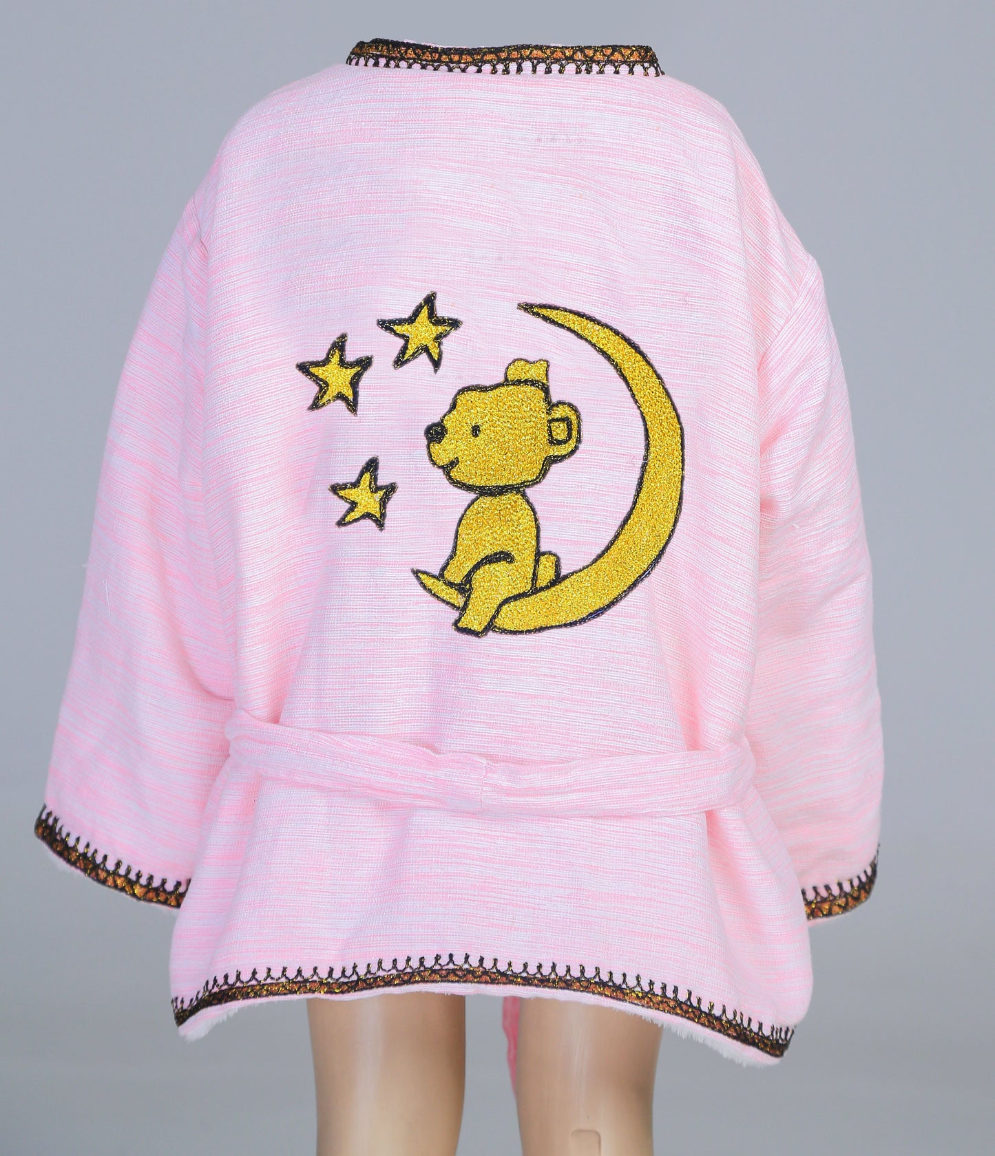 Short Collar Teddy Bear on a Moon Embroidery Handmade Cotten Night Robe