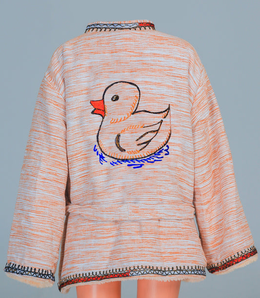 Short Collar Swimming Duck Embroidery Handmade Cotten Night Robe