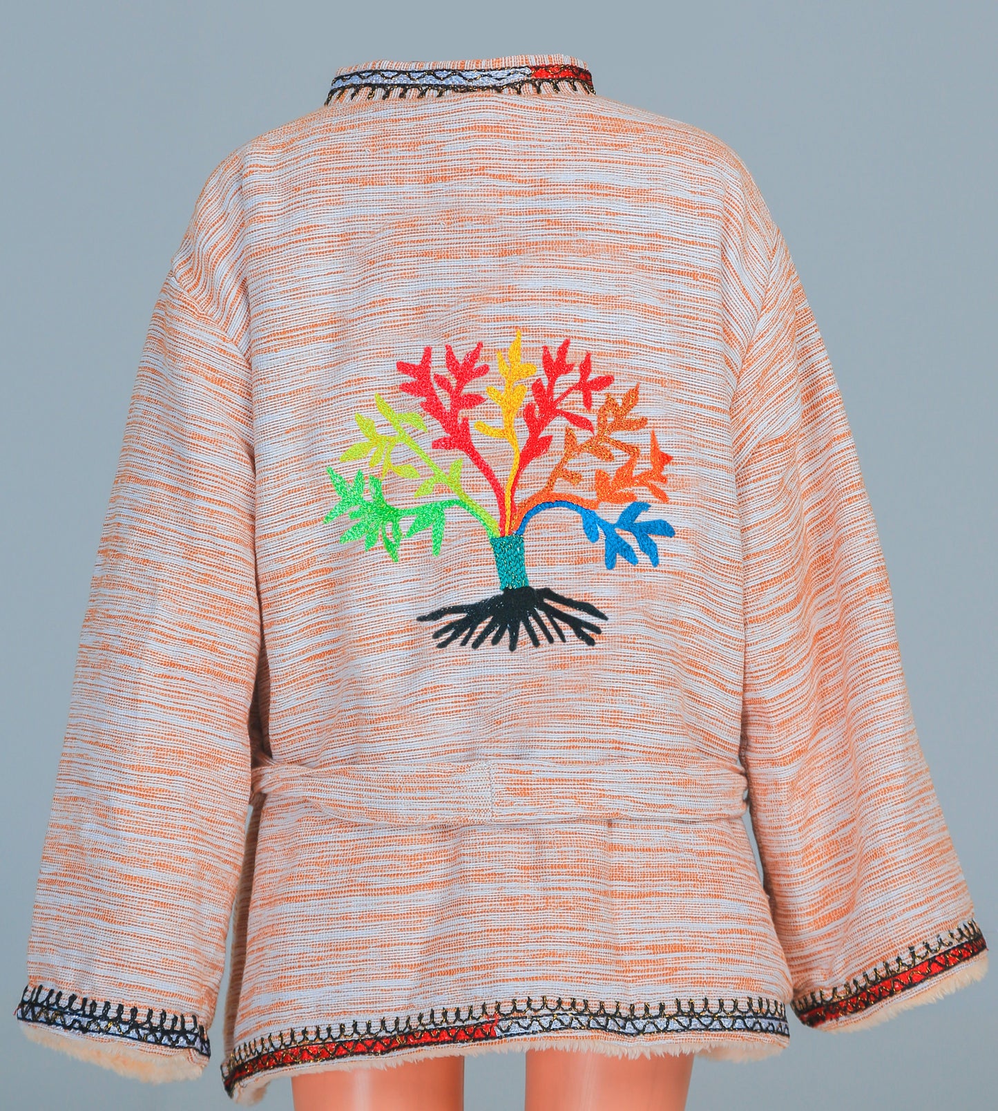 Short Collar Tree of Life Embroidery Handmade Cotten Night Robe