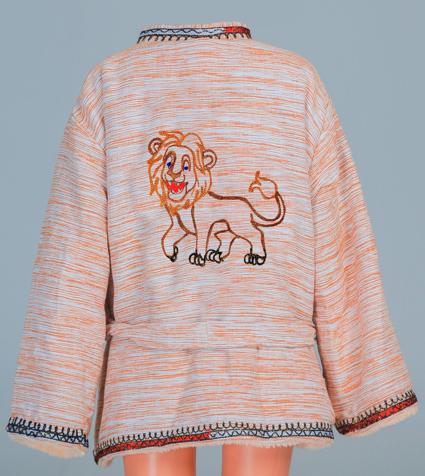 Short Collar Lion Embroidery Handmade Cotten Night Robe