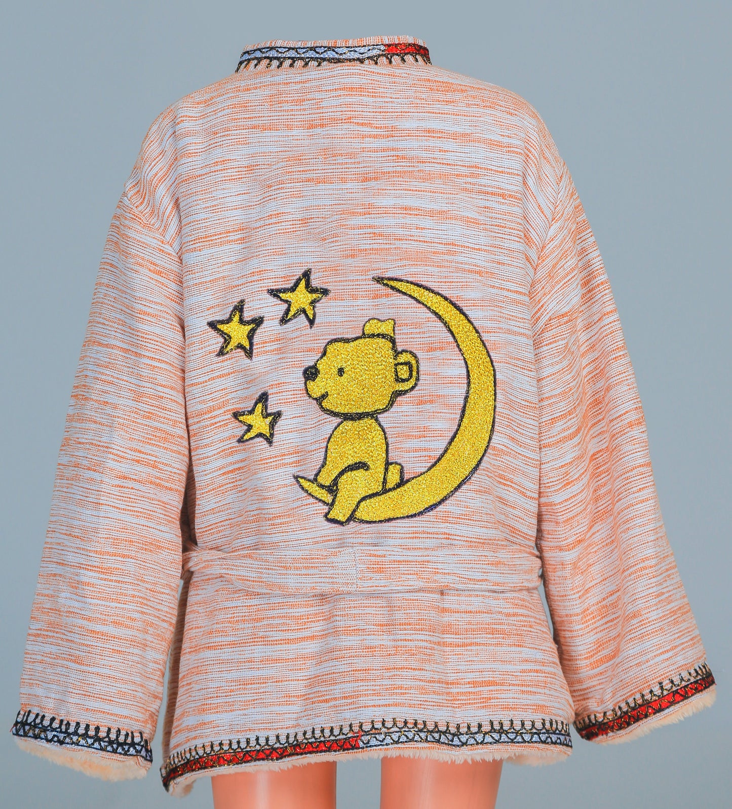 Short Collar Teddy Bear on a Moon Embroidery Handmade Cotten Night Robe