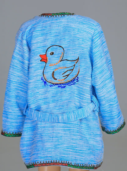 Short Collar Swimming Duck Embroidery Handmade Cotten Night Robe