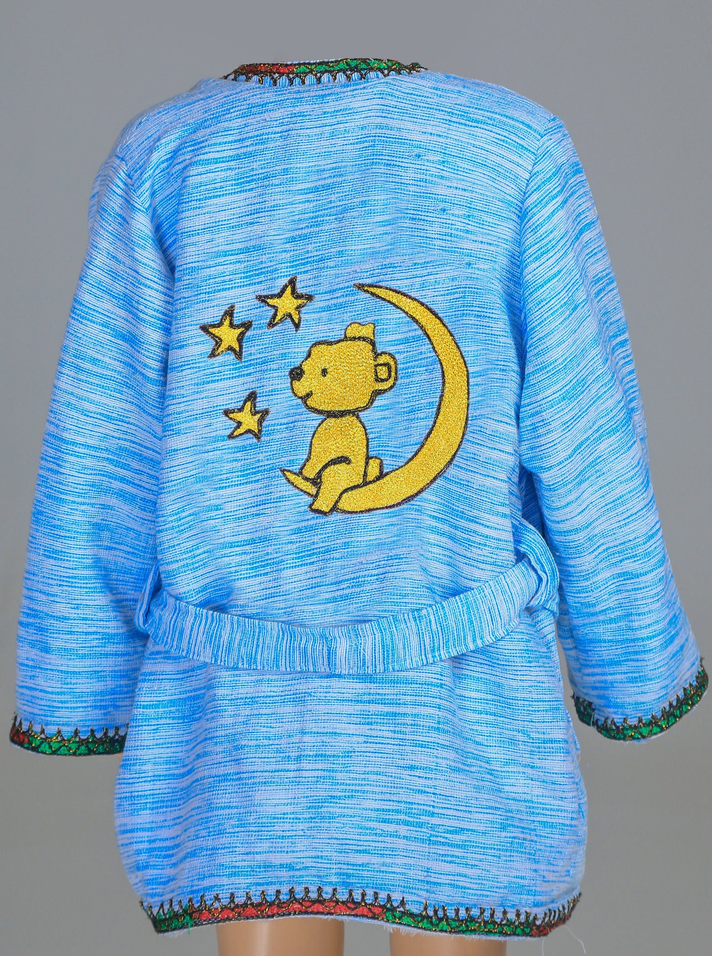 Short Collar Teddy Bear on a Moon Embroidery Handmade Cotten Night Robe