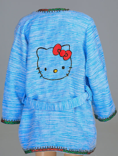 Short Collar Hello Kitty Embroidery Handmade Cotten Night Robe