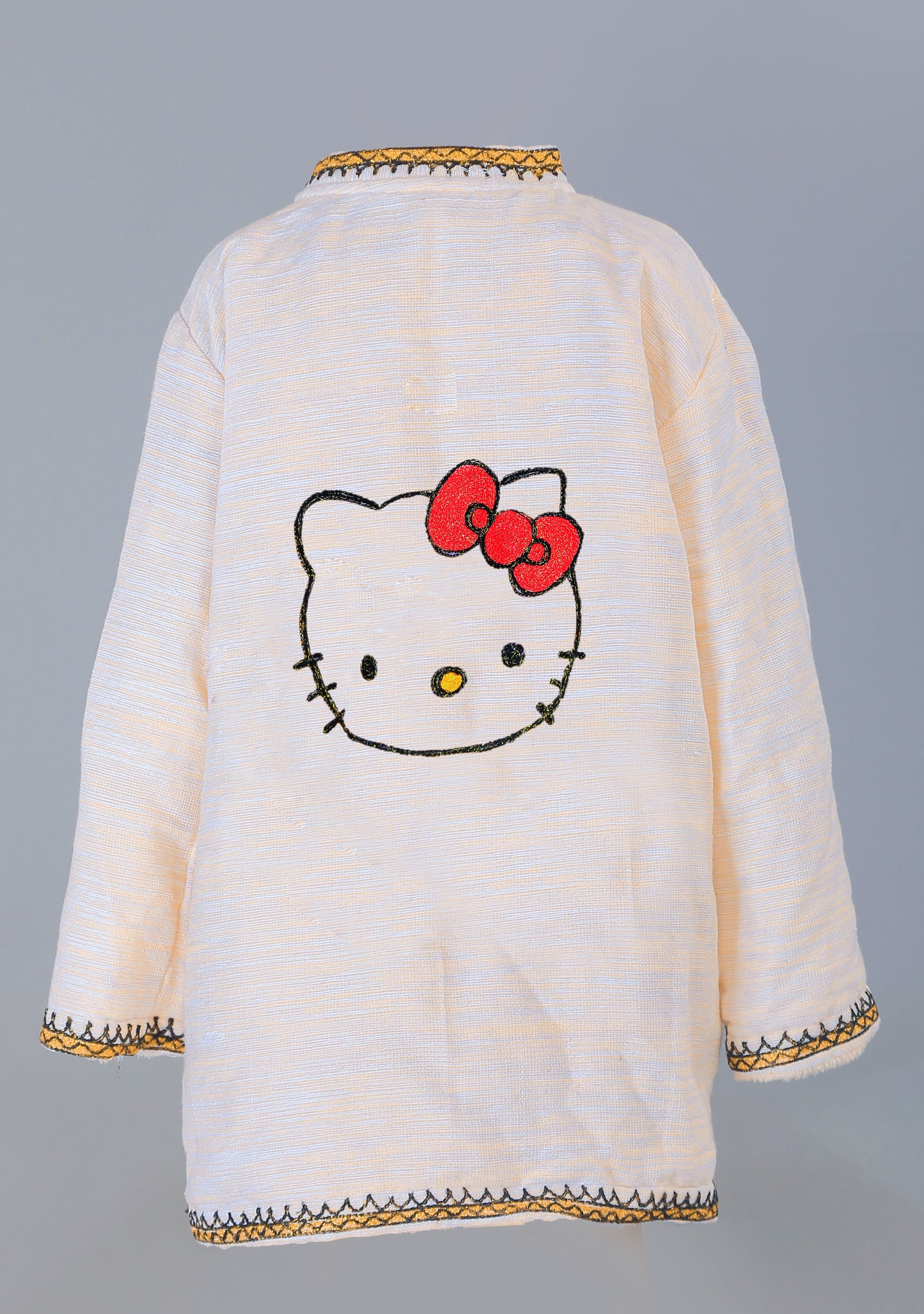 Short Collar Hello Kitty Embroidery Handmade Cotten Night Robe